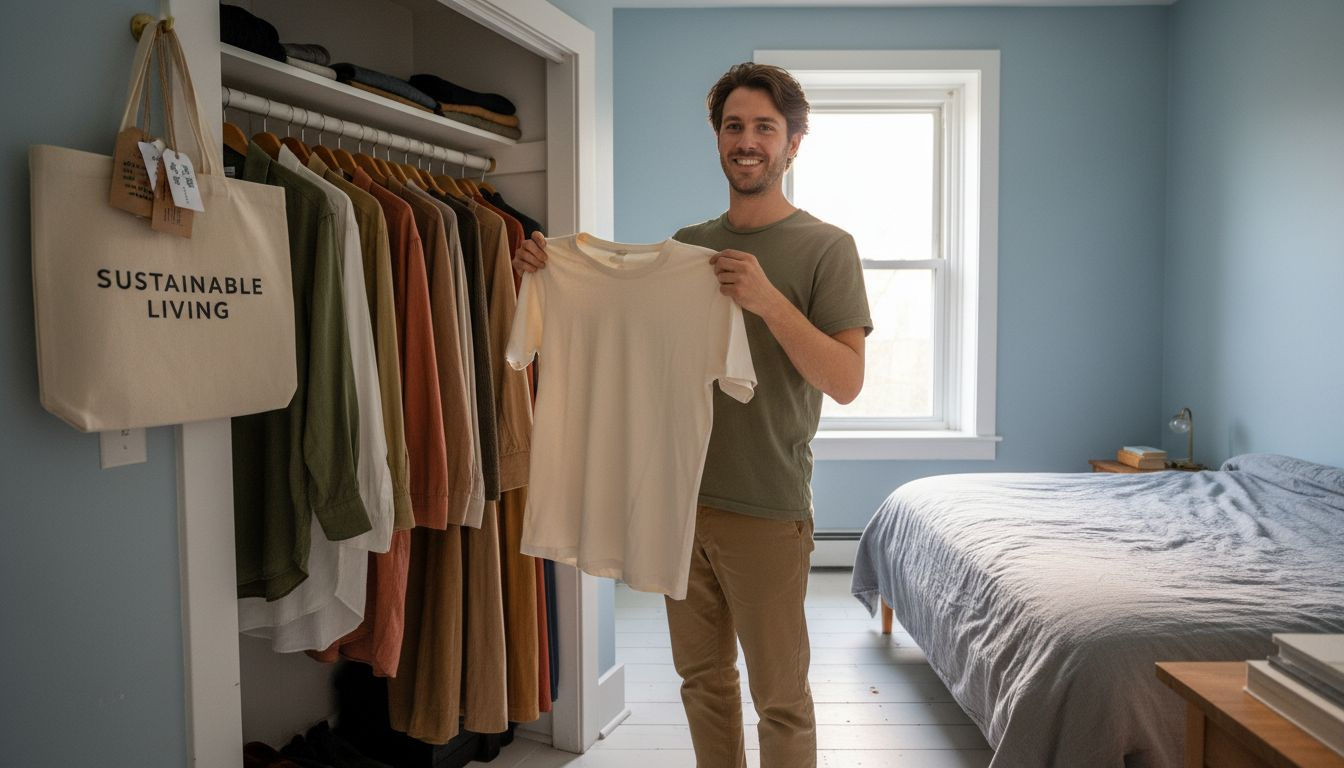 Man choosing eco-friendly t-shirt from closet