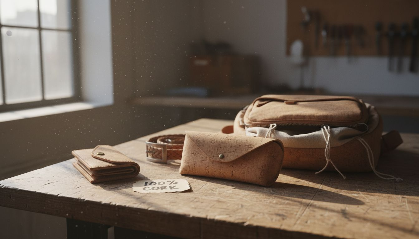 Cork accessories on worn wooden table