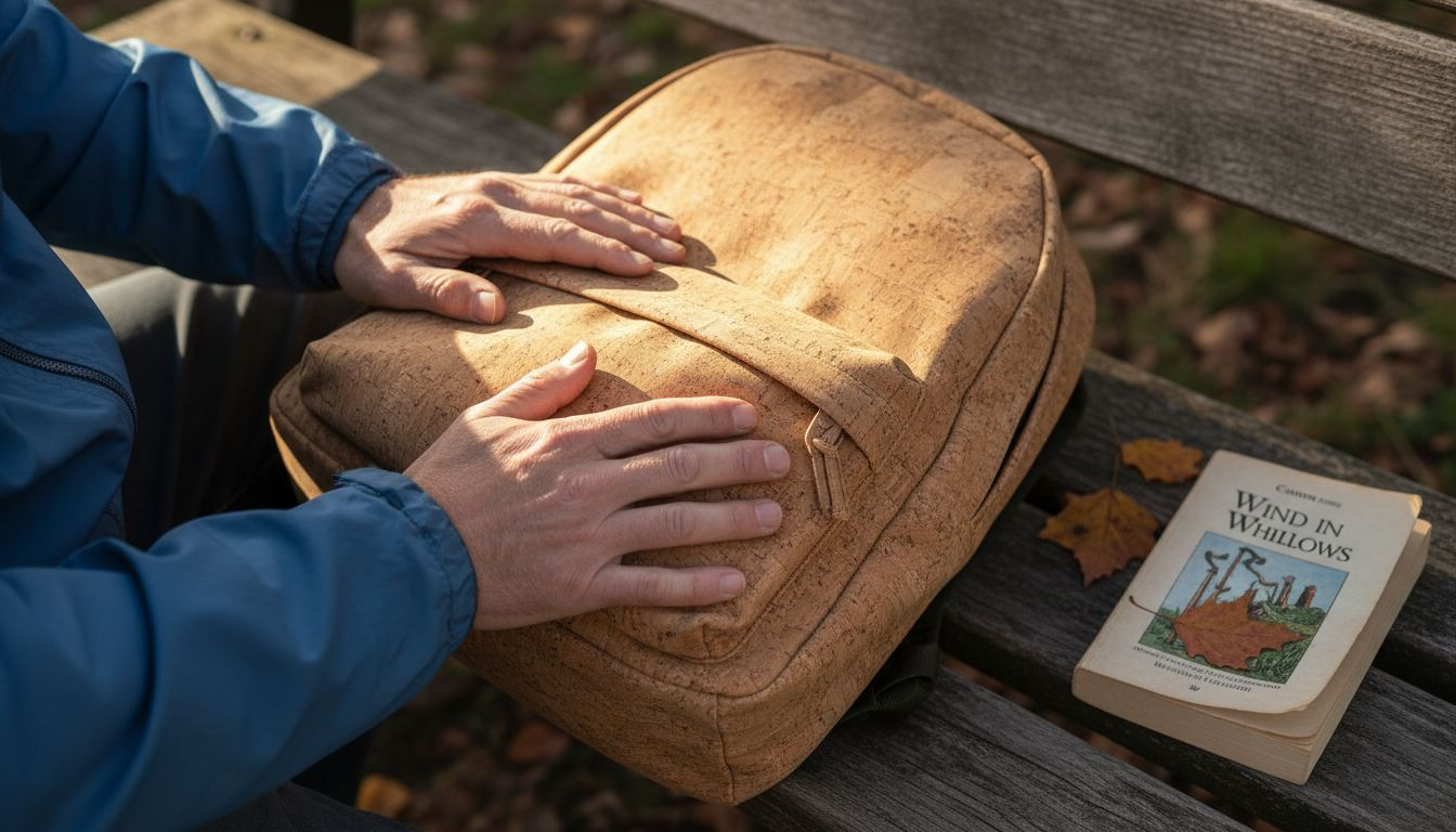 Hands testing cork backpack durability