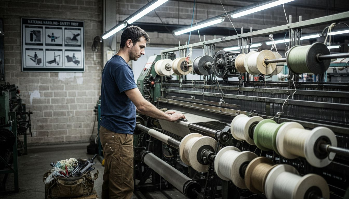 Technician using eco-friendly weaving machine