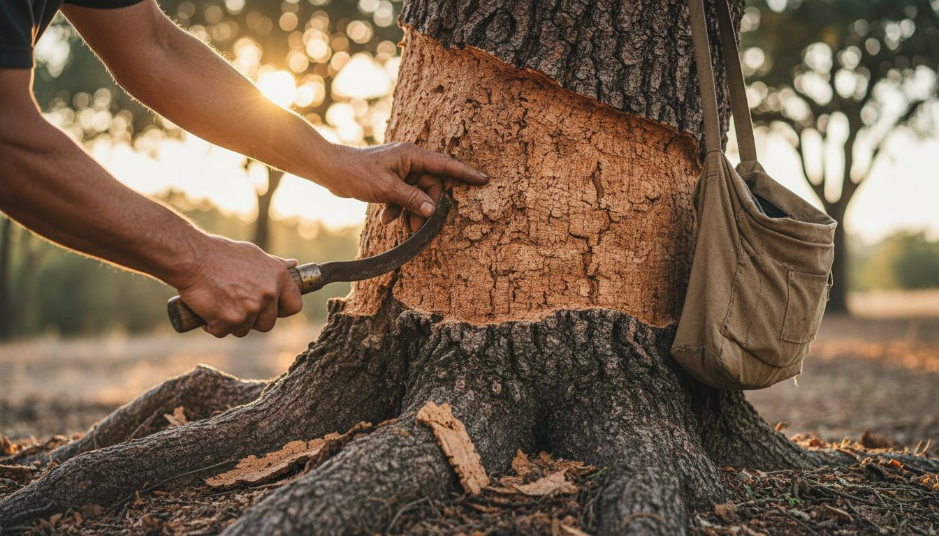 Hands harvesting cork bark from tree