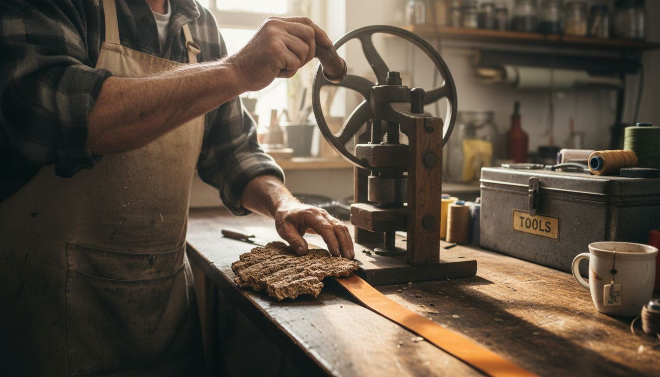 Artisan processing cork and leather materials