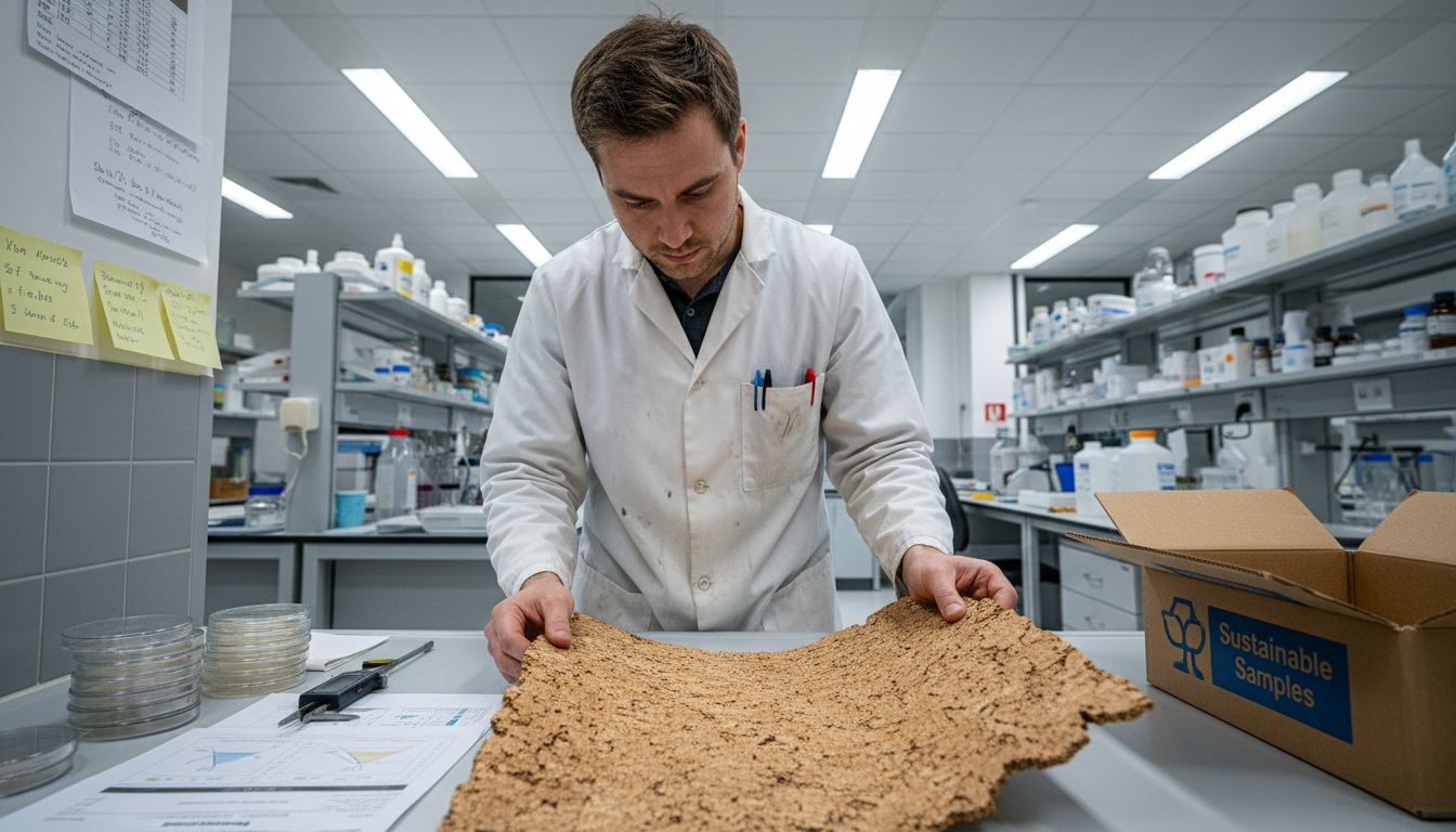 Lab technician examining cork material sample