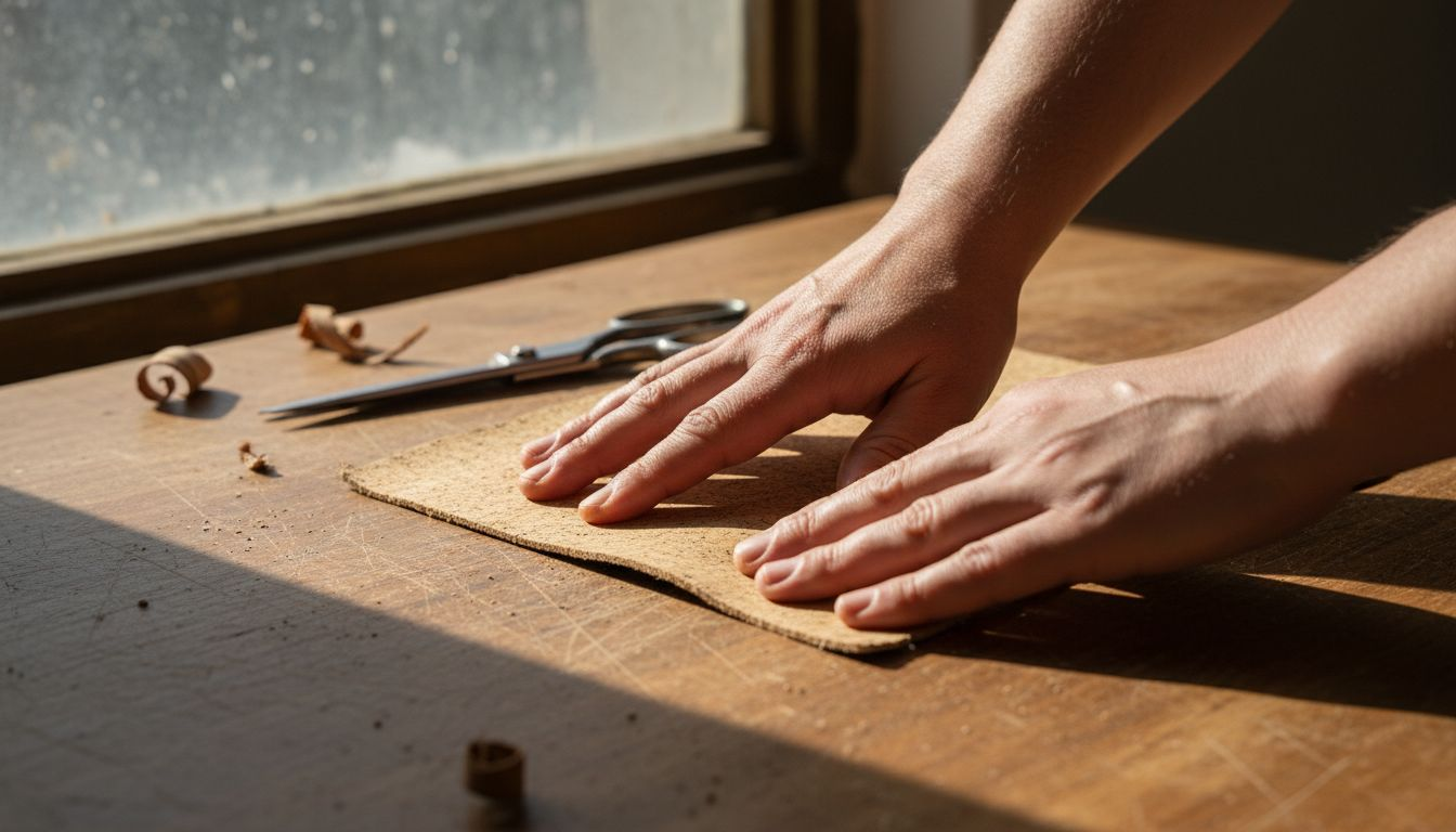 Hands showing cork fabric texture and flexibility