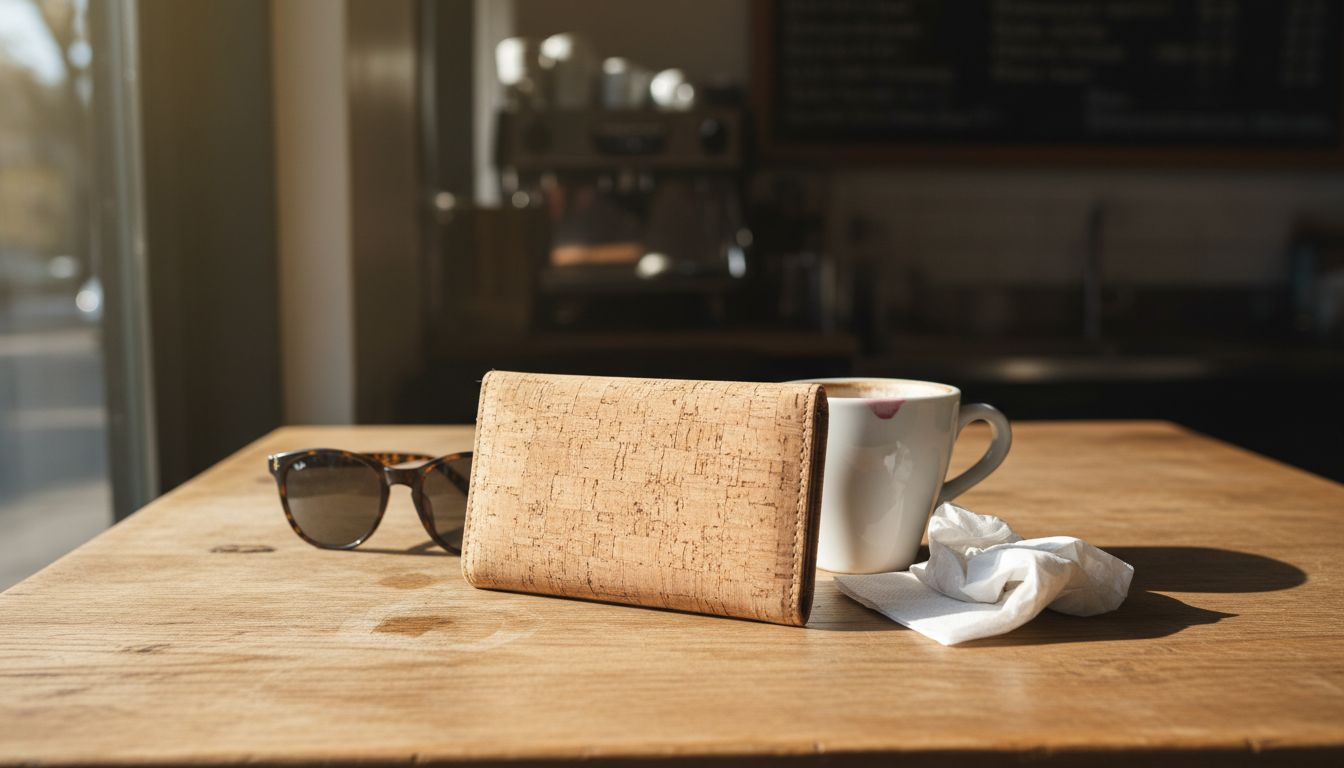 Cork wallet and accessories in café setting