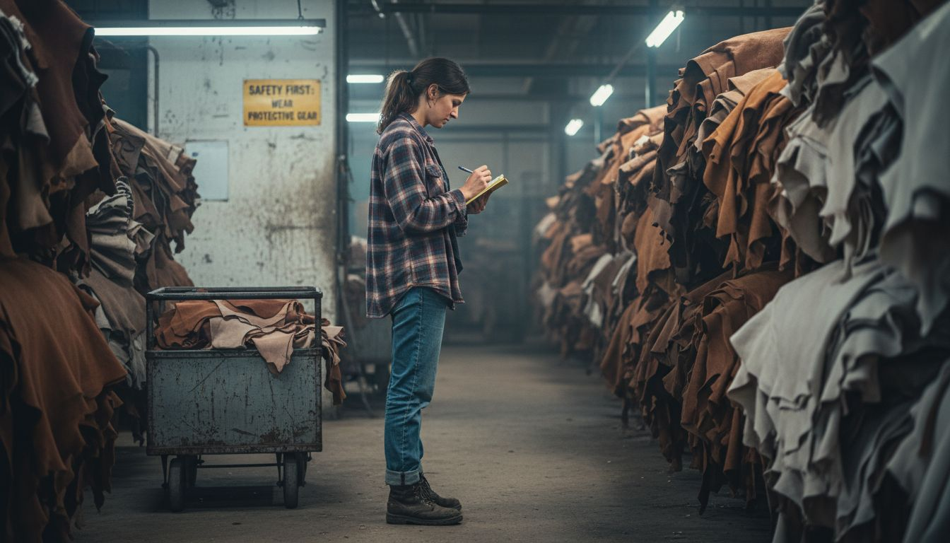 Worker examining processed cattle and sheep hides