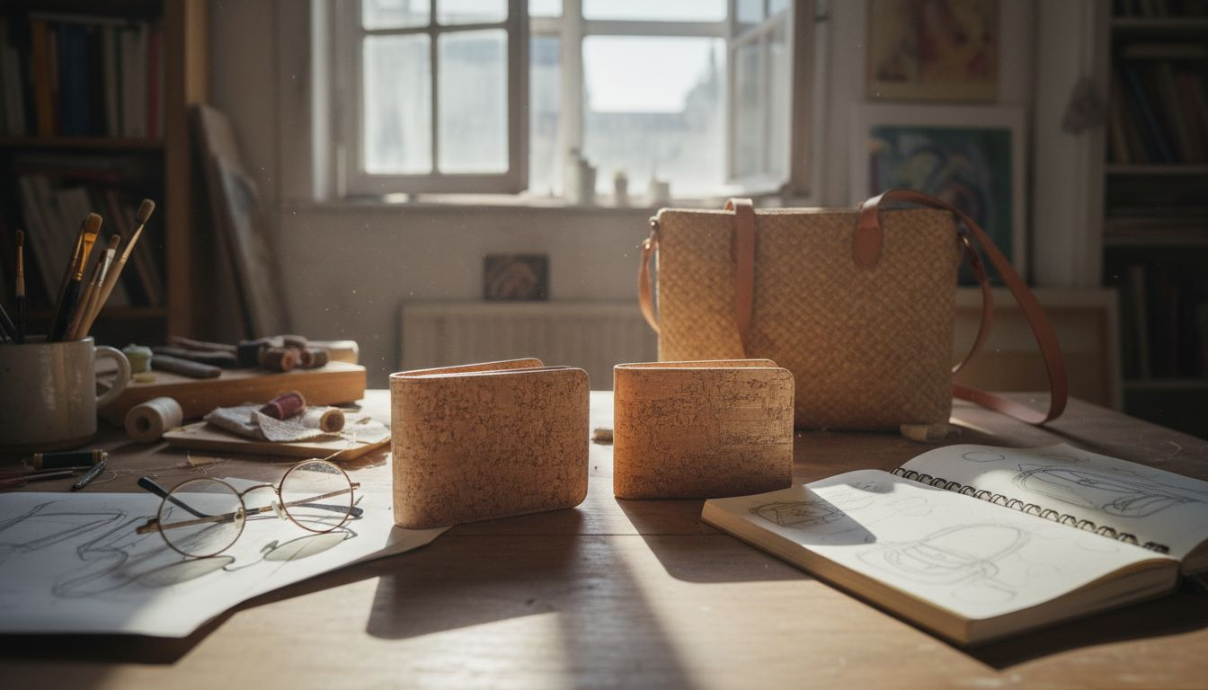 Cork wallet and handbag close up on table