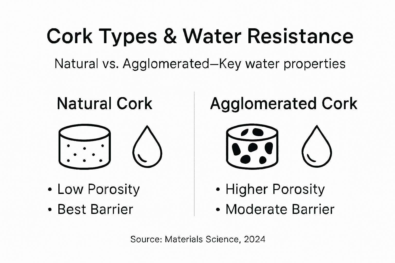 Infographic comparing cork types and water resistance