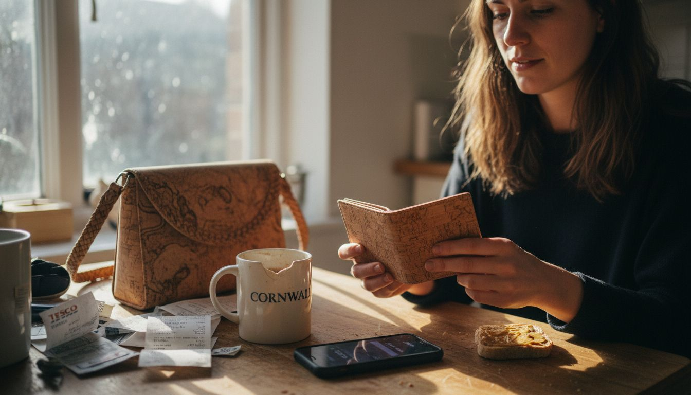 Woman with cork wallet and handbag at kitchen table