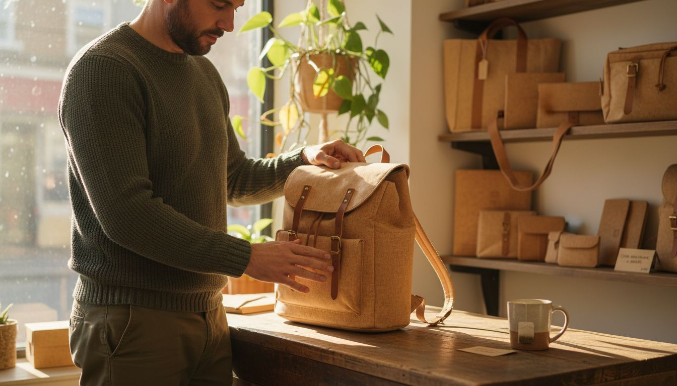 Shopper inspecting cork backpack material closely