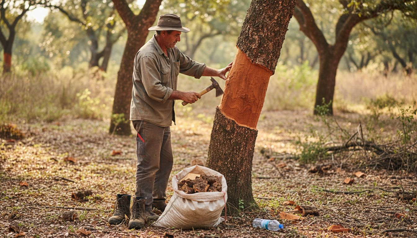 Worker harvesting cork from oak tree