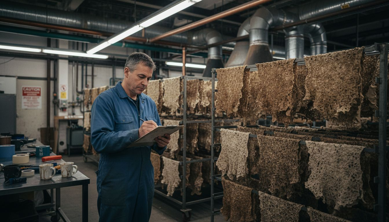 Technician inspecting mushroom leather racks
