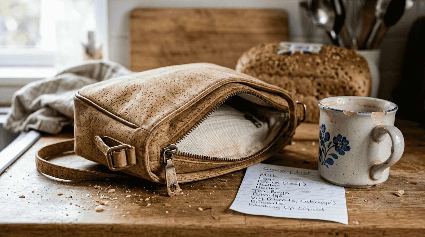 Closeup of cork purse with daily use items