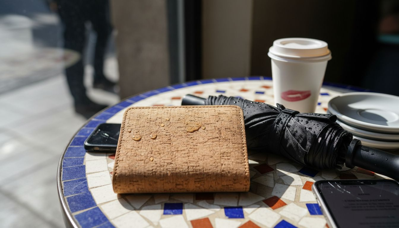 Close-up showing water-resistant cork wallet