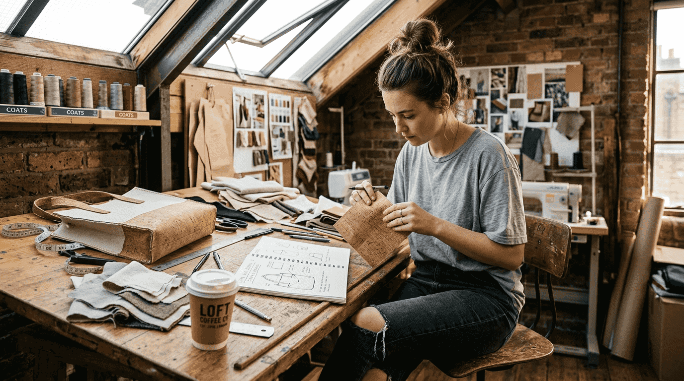 Designer handling cork vegan leather samples