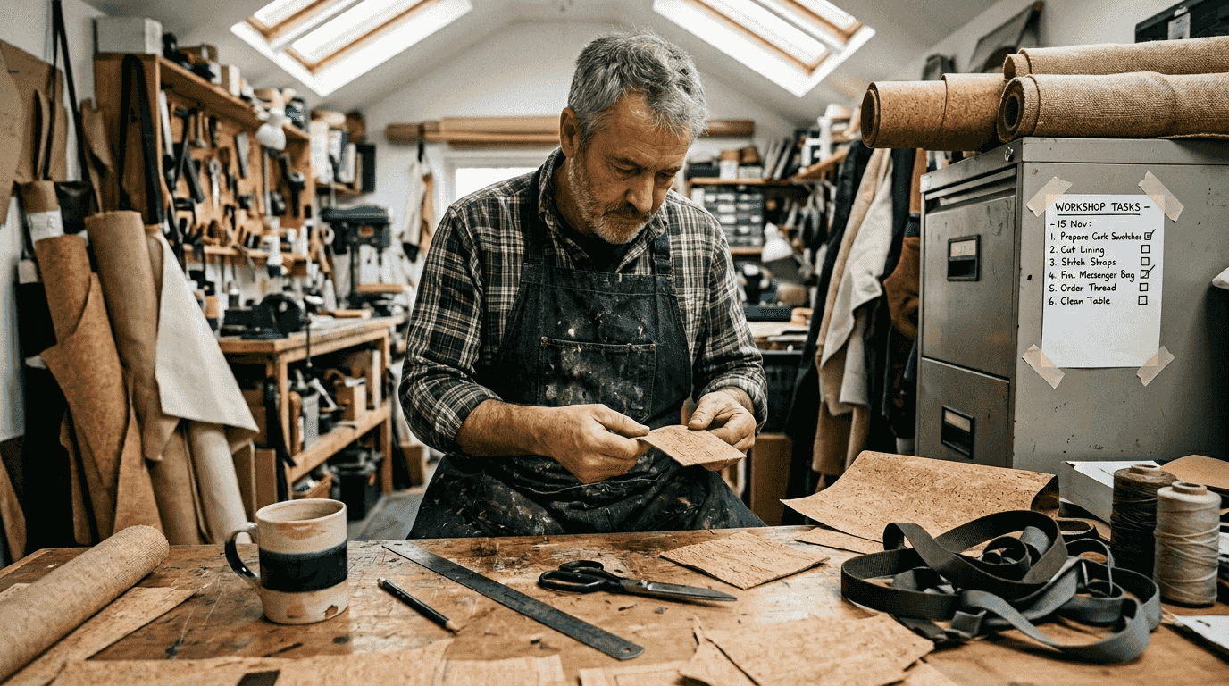 Artisan examining vegan cork materials