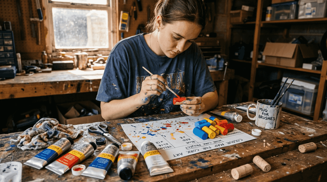 Person painting wine corks for DIY project
