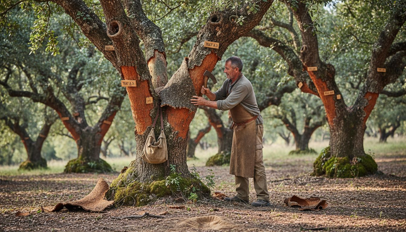 Cork harvester stripping bark in oak grove
