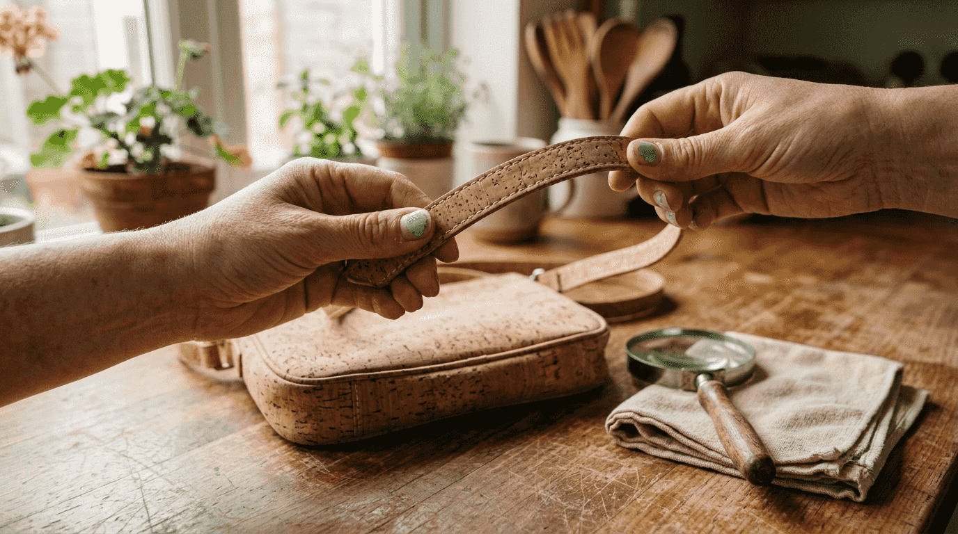 Hands examining cork bag quality on table
