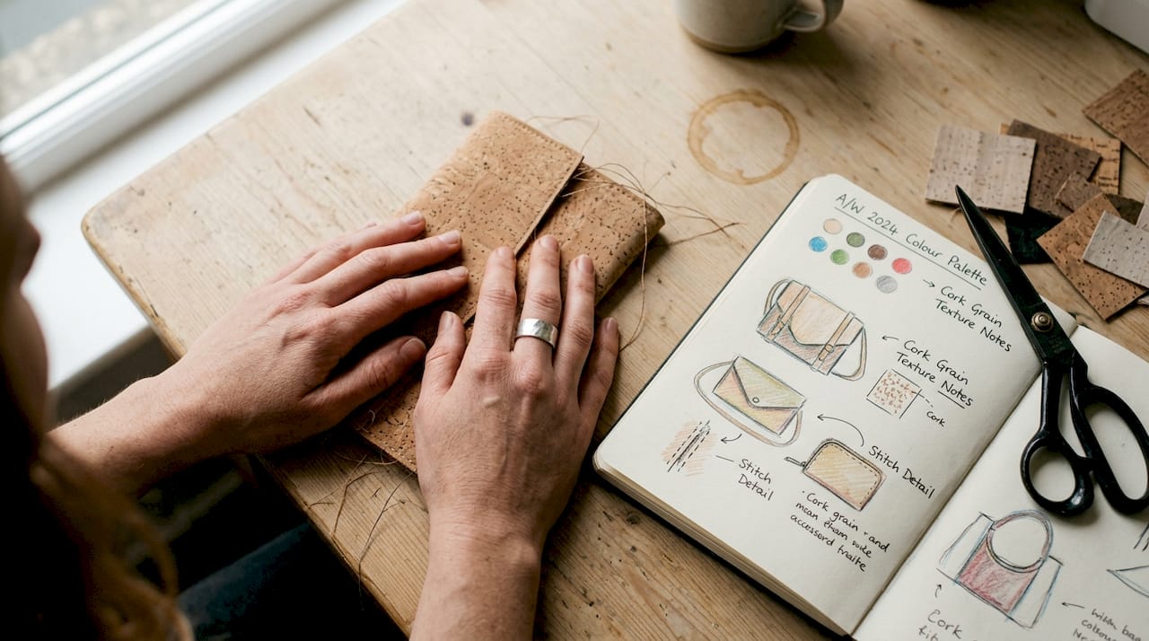 Hands with cork fabric samples and sketches