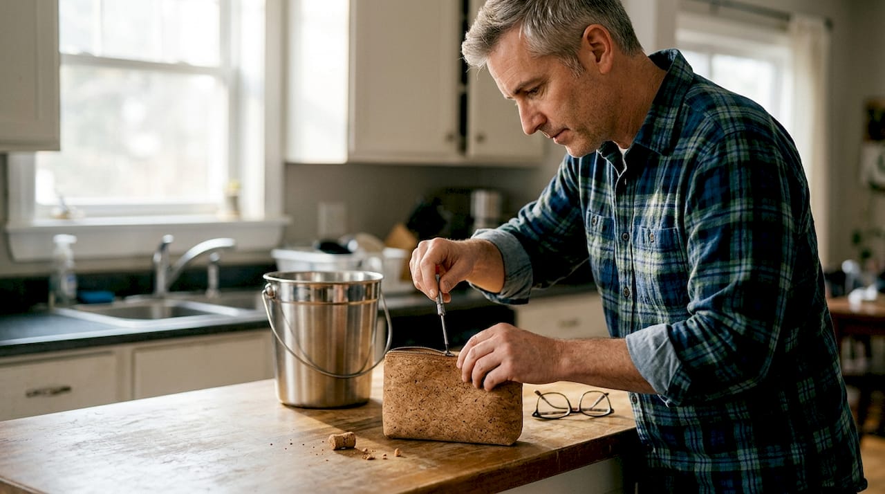Man preparing cork pouch for recycling