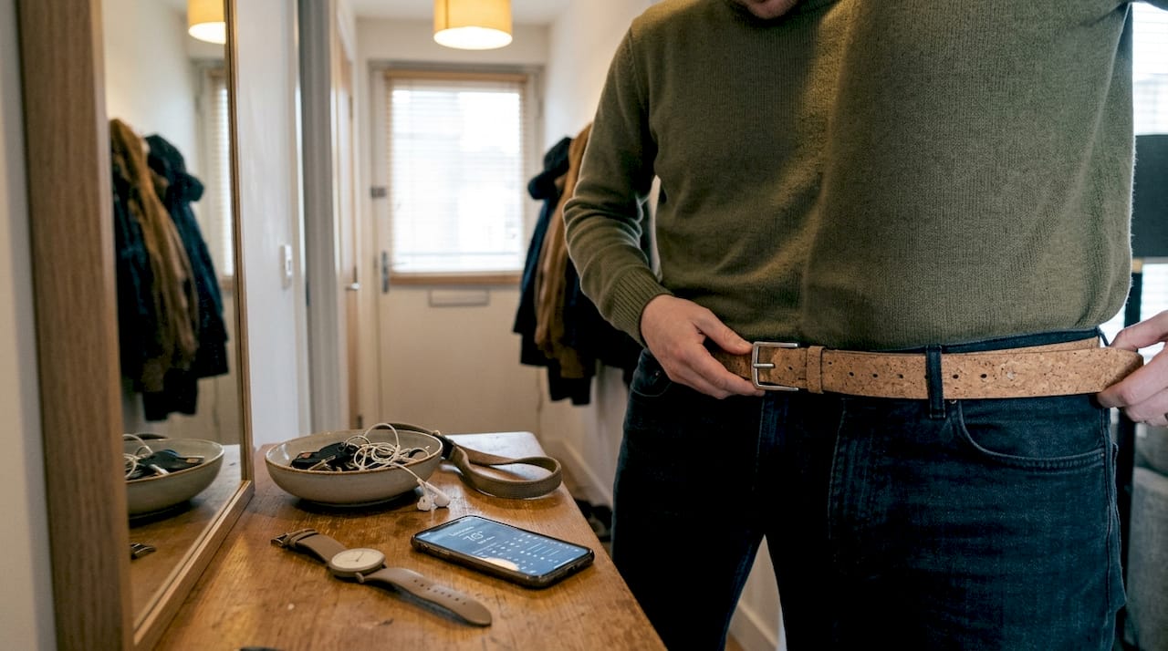 Close-up adjusting cork belt with vegan watch