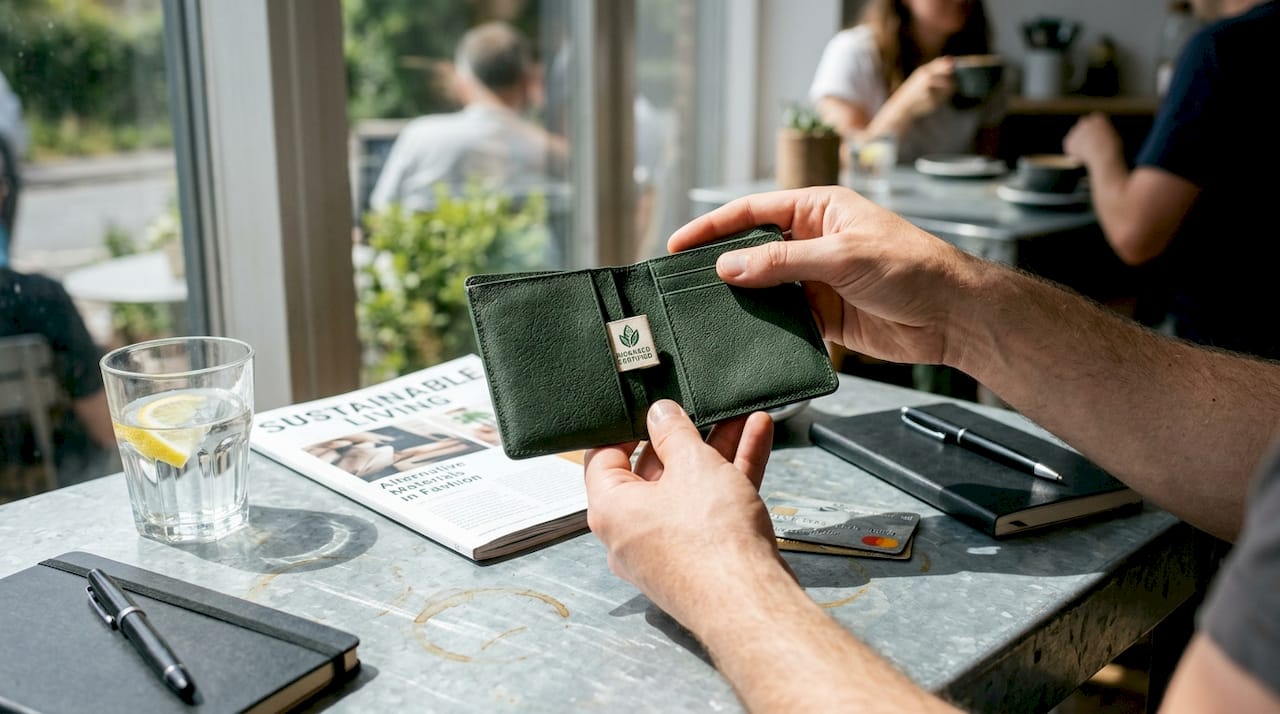 Hands inspecting cactus leather vegan wallet