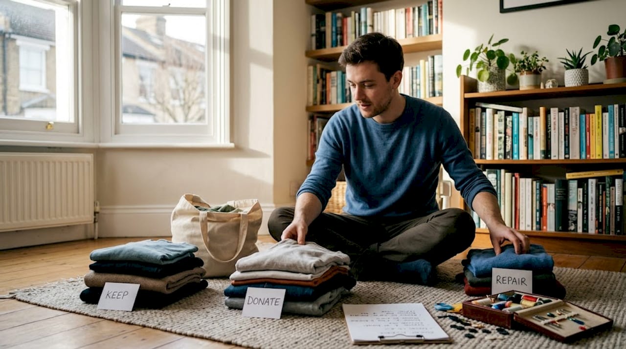 Man organizing clothes for wardrobe audit