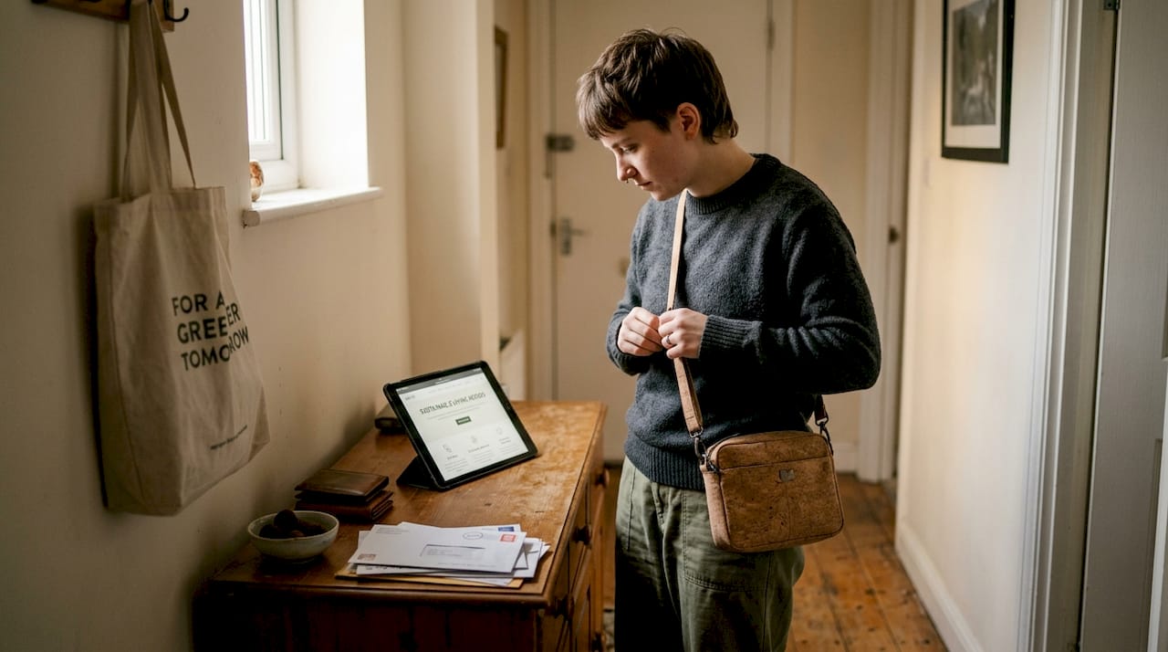 Person with vegan accessories at home credenza
