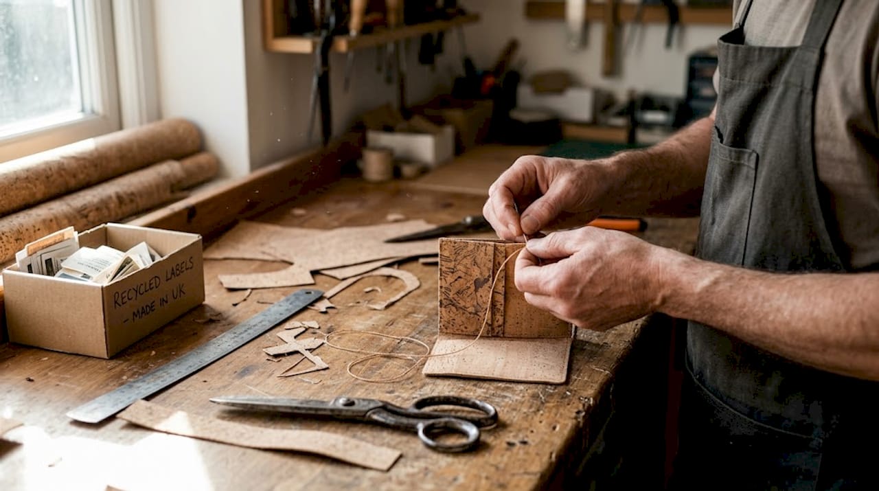 Hands crafting cork wallet at workbench