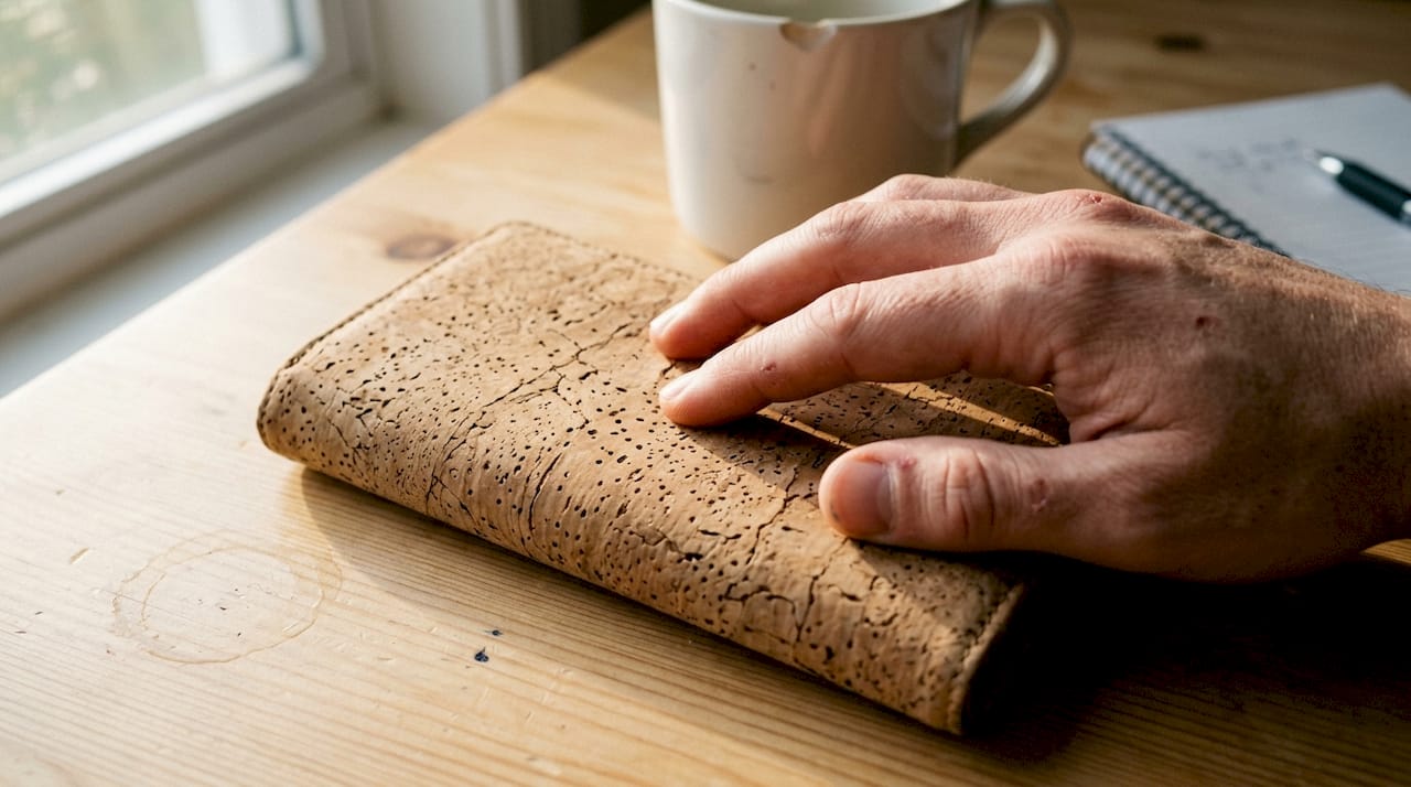 Hand examining cork wallet surface texture