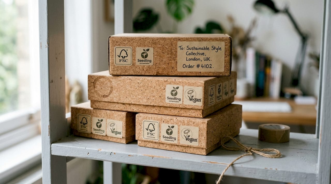 Cork accessory packaging with eco certification labels