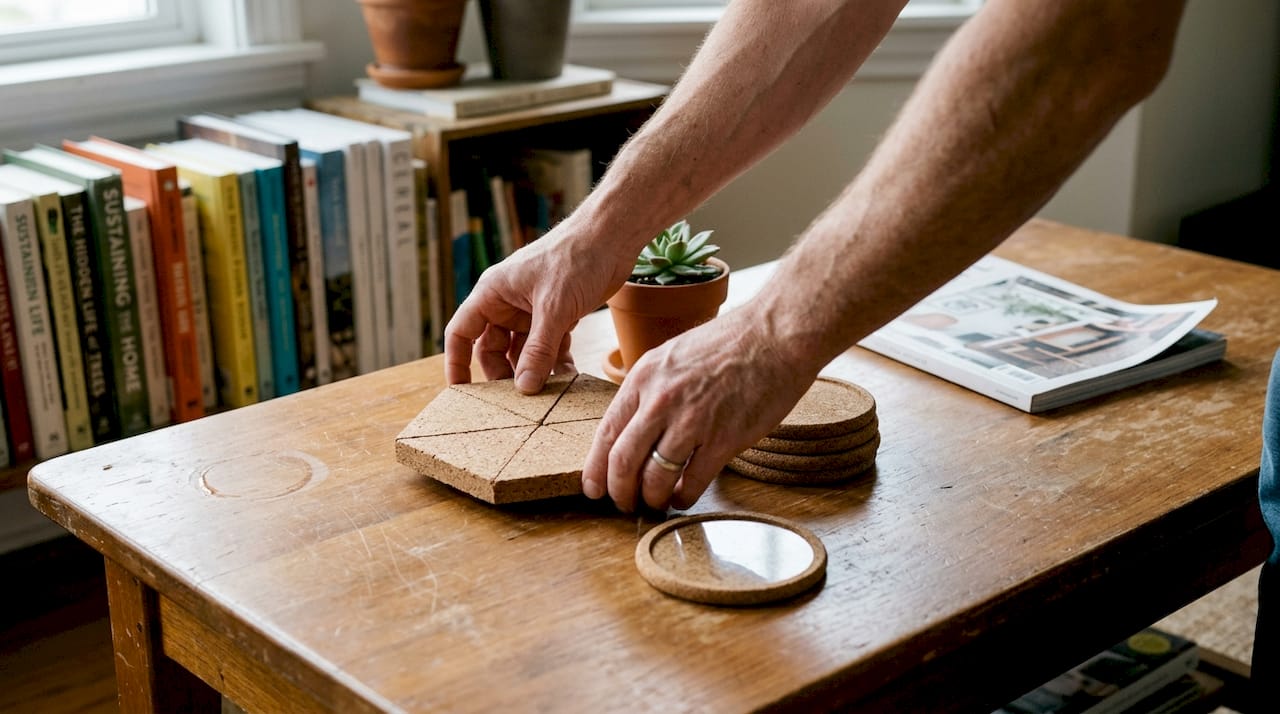 Hands arranging upcycled cork coasters and décor