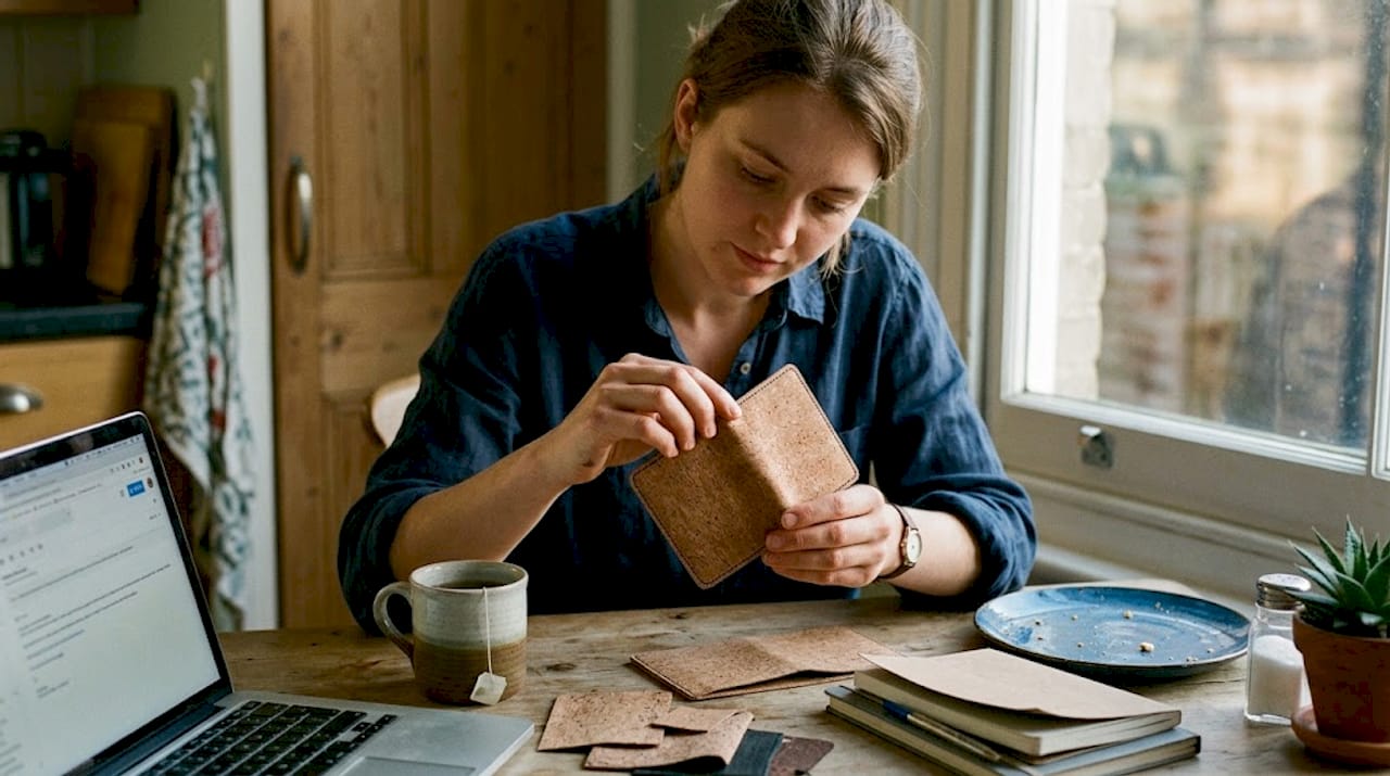 Woman inspecting cork wallet at kitchen table