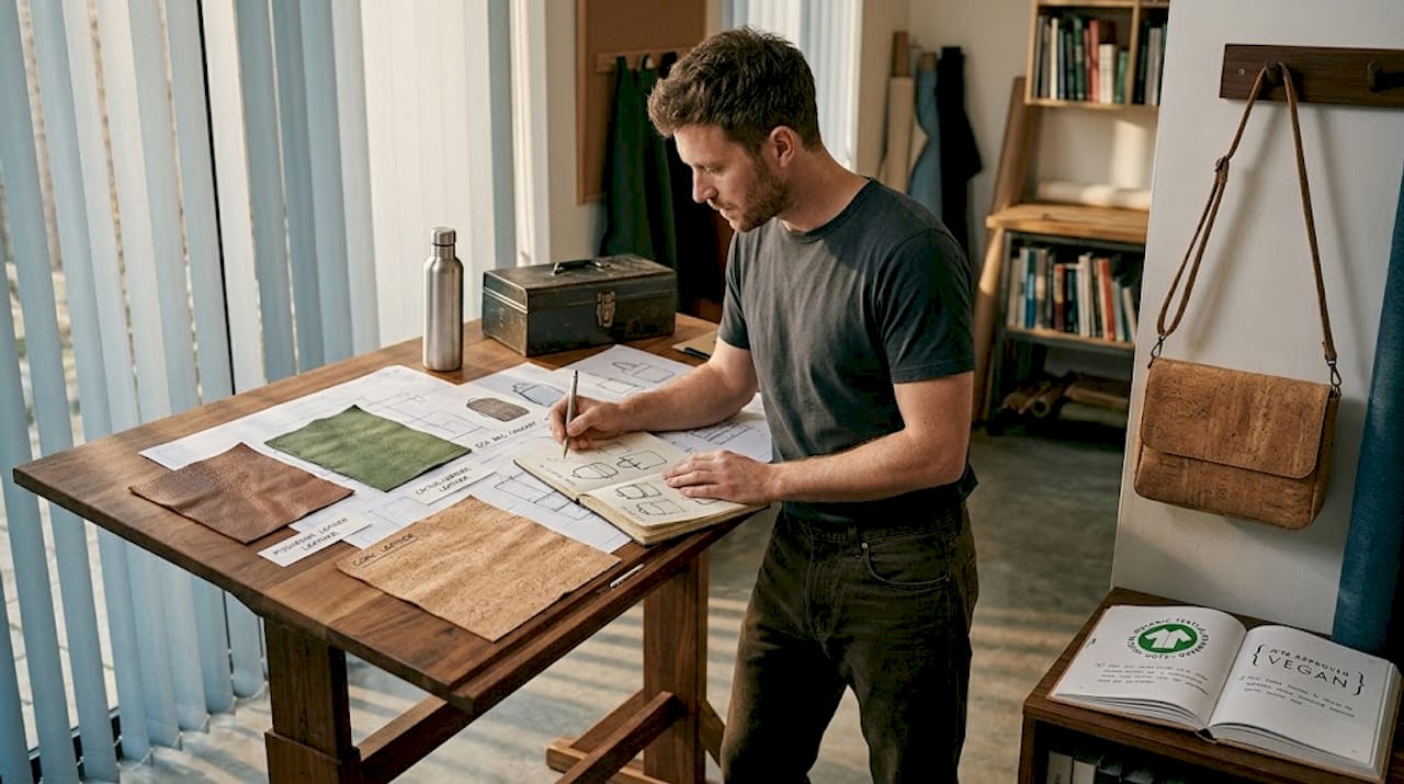 Designer choosing plant-based vegan leather samples