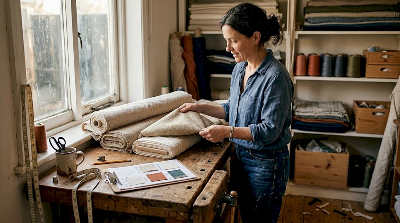 Woman sorting organic textile fabric choices