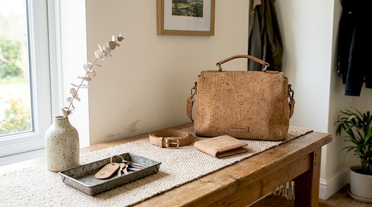 Cork handbag and wallet on entry table