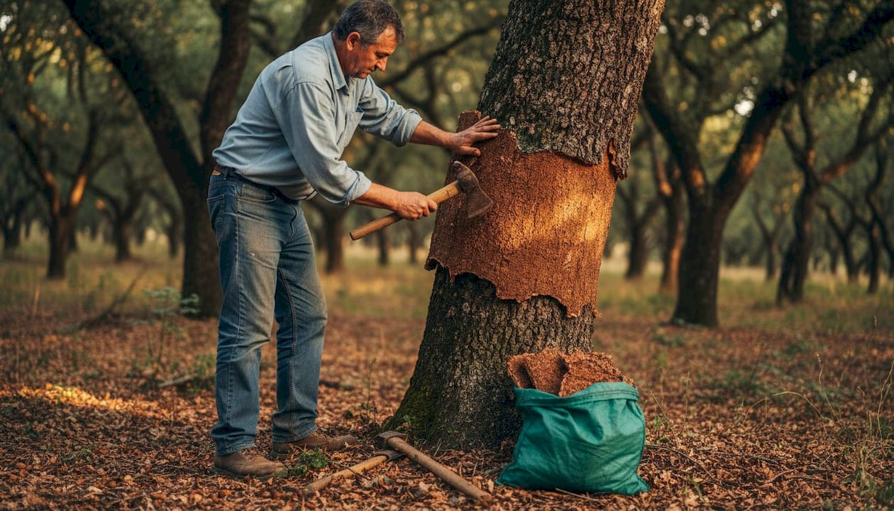 Worker harvesting bark from cork oak tree