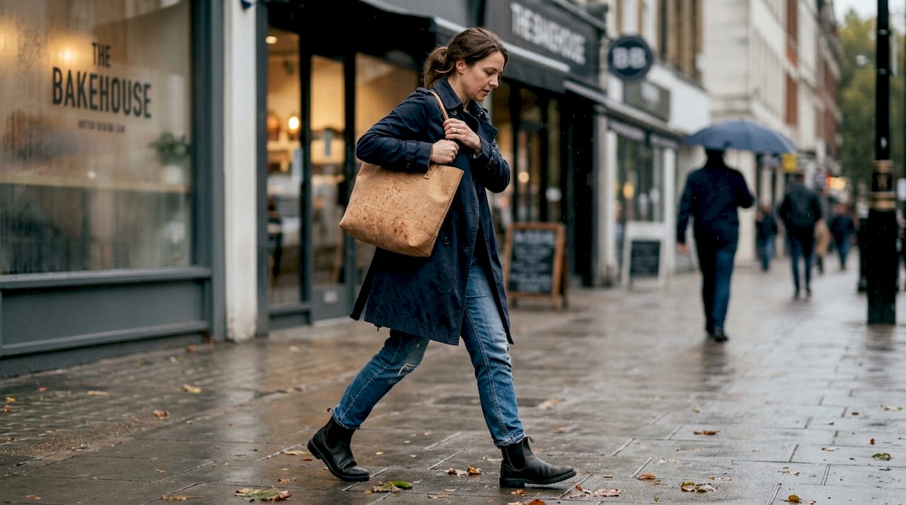 Woman walking with cork tote in rain