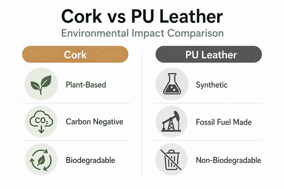 Infographic comparing cork and PU environmental impact