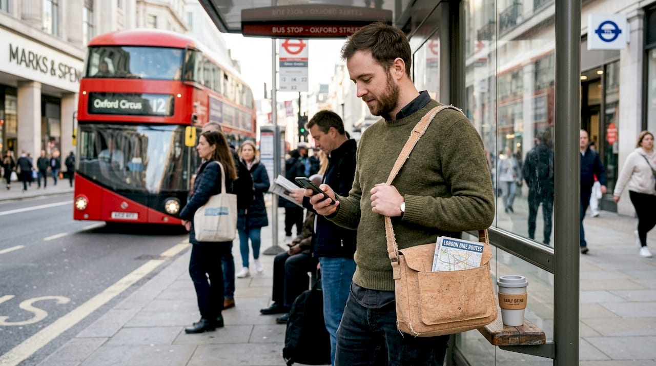 Man using cork satchel at city bus stop