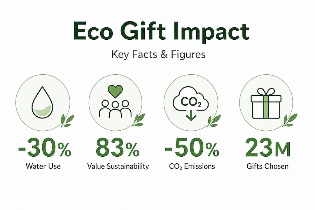 Infographic with eco gift impact statistics and facts