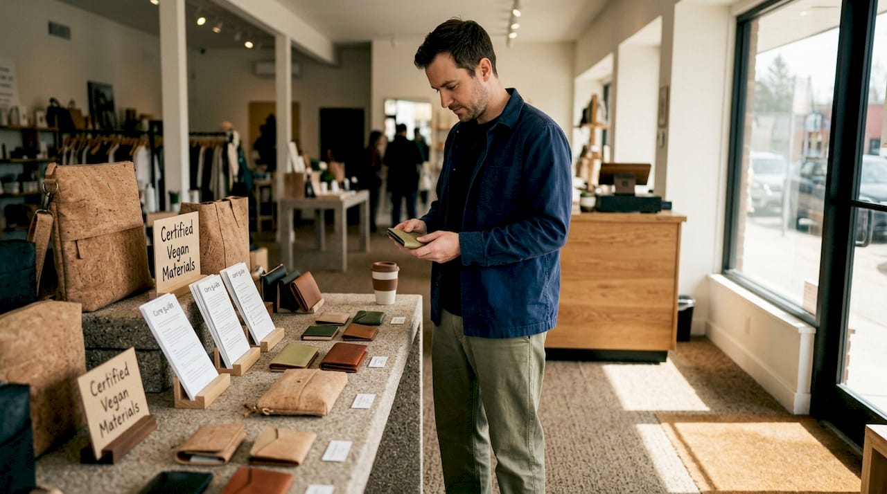 Man shopping for vegan fashion accessories in store