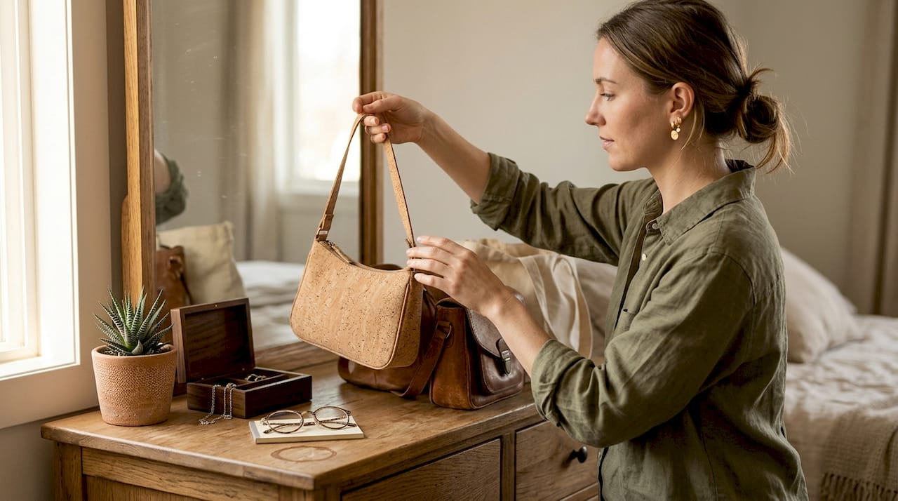 Woman choosing between cork and leather bags
