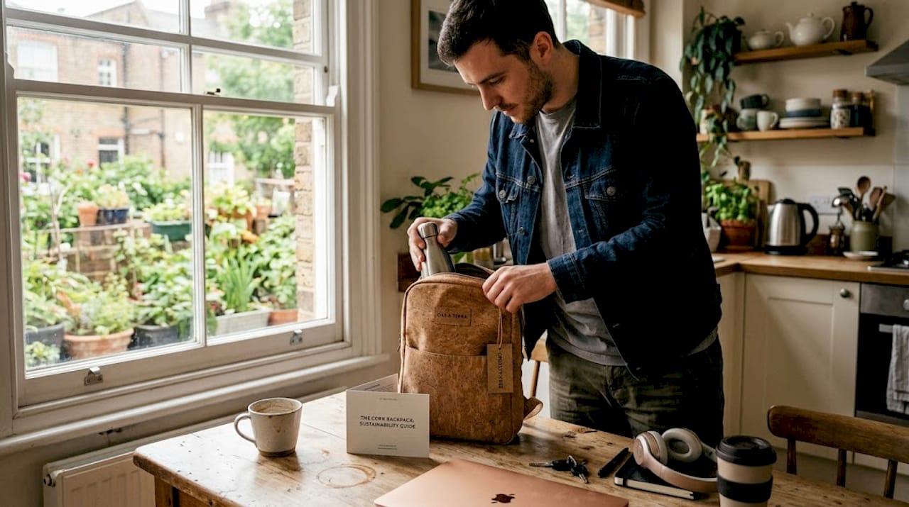 Man choosing cork backpack for daily use