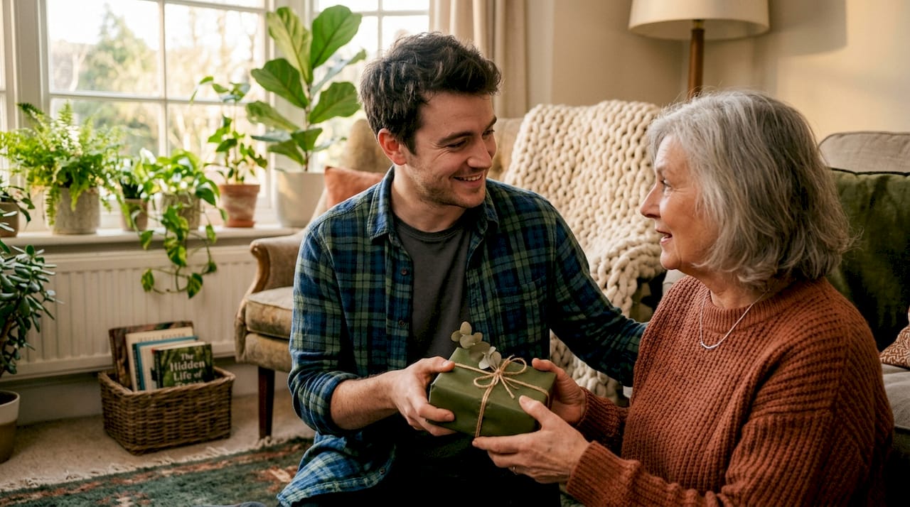 Gift exchange between two in cozy kitchen