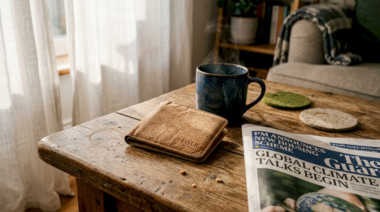 Aged cork wallet on kitchen table