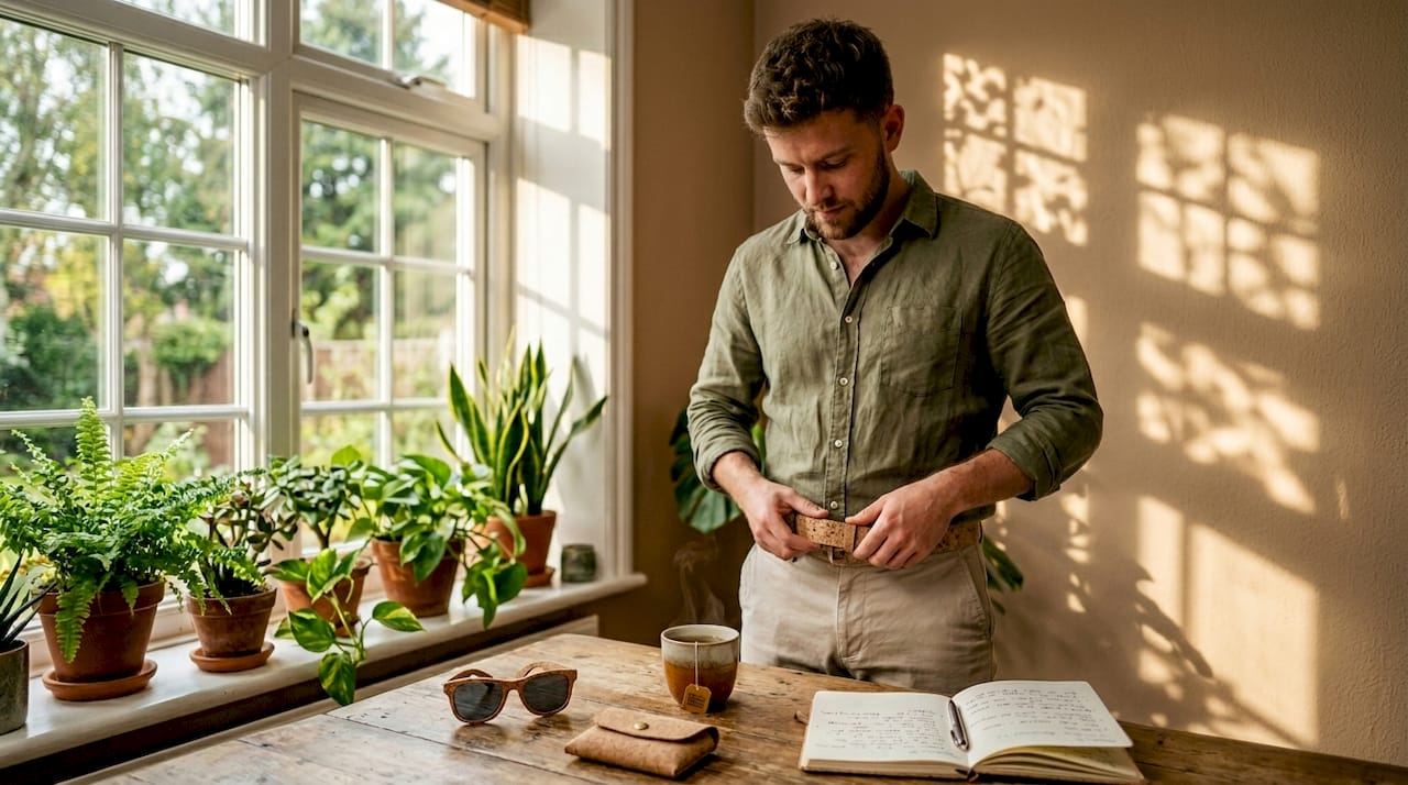 Man using cork belt and accessories in bedroom