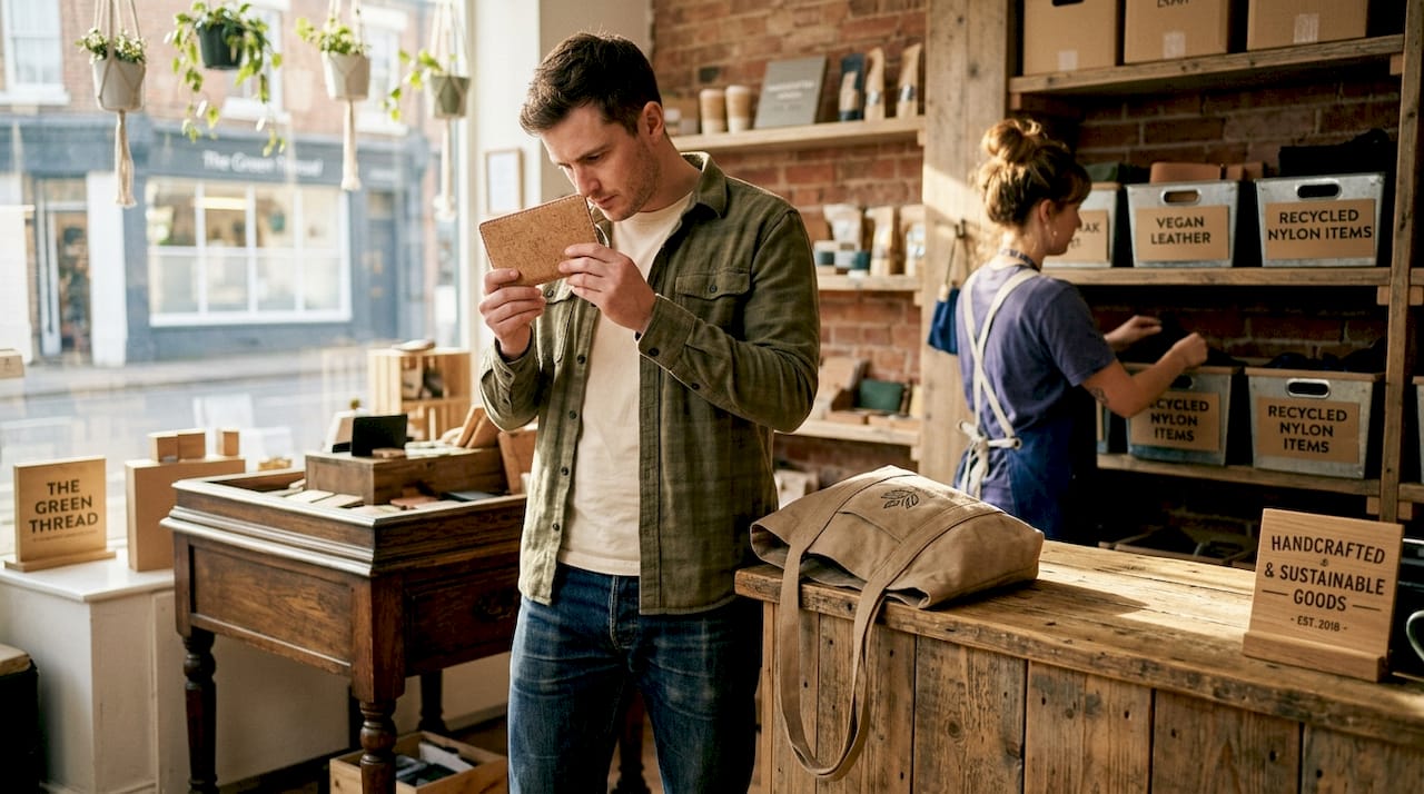 Customer examines cork wallet in vegan shop