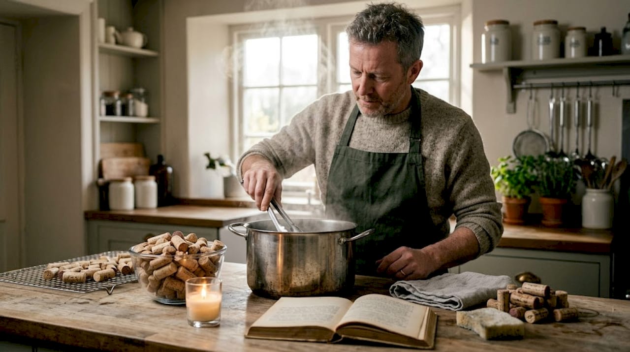Man cleaning wine corks with steam in kitchen